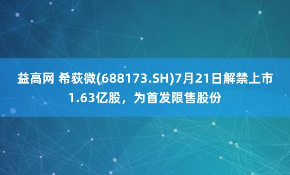 益高网 希荻微(688173.SH)7月21日解禁上市1.63亿股，为首发限售股份