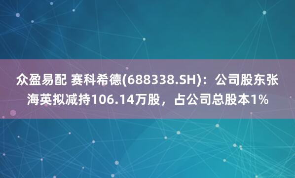 众盈易配 赛科希德(688338.SH)：公司股东张海英拟减持106.14万股，占公司总股本1%